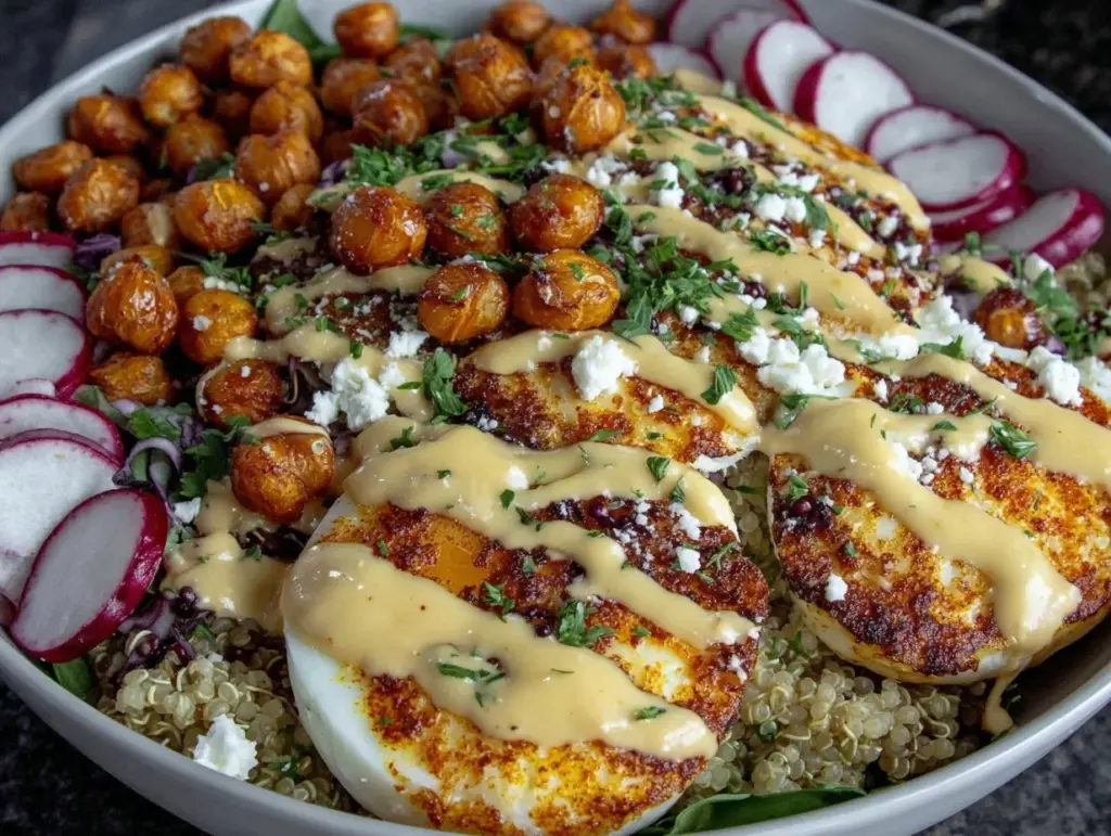dinner bowl with soft-boiled eggs and crispy chickpeas - featured image