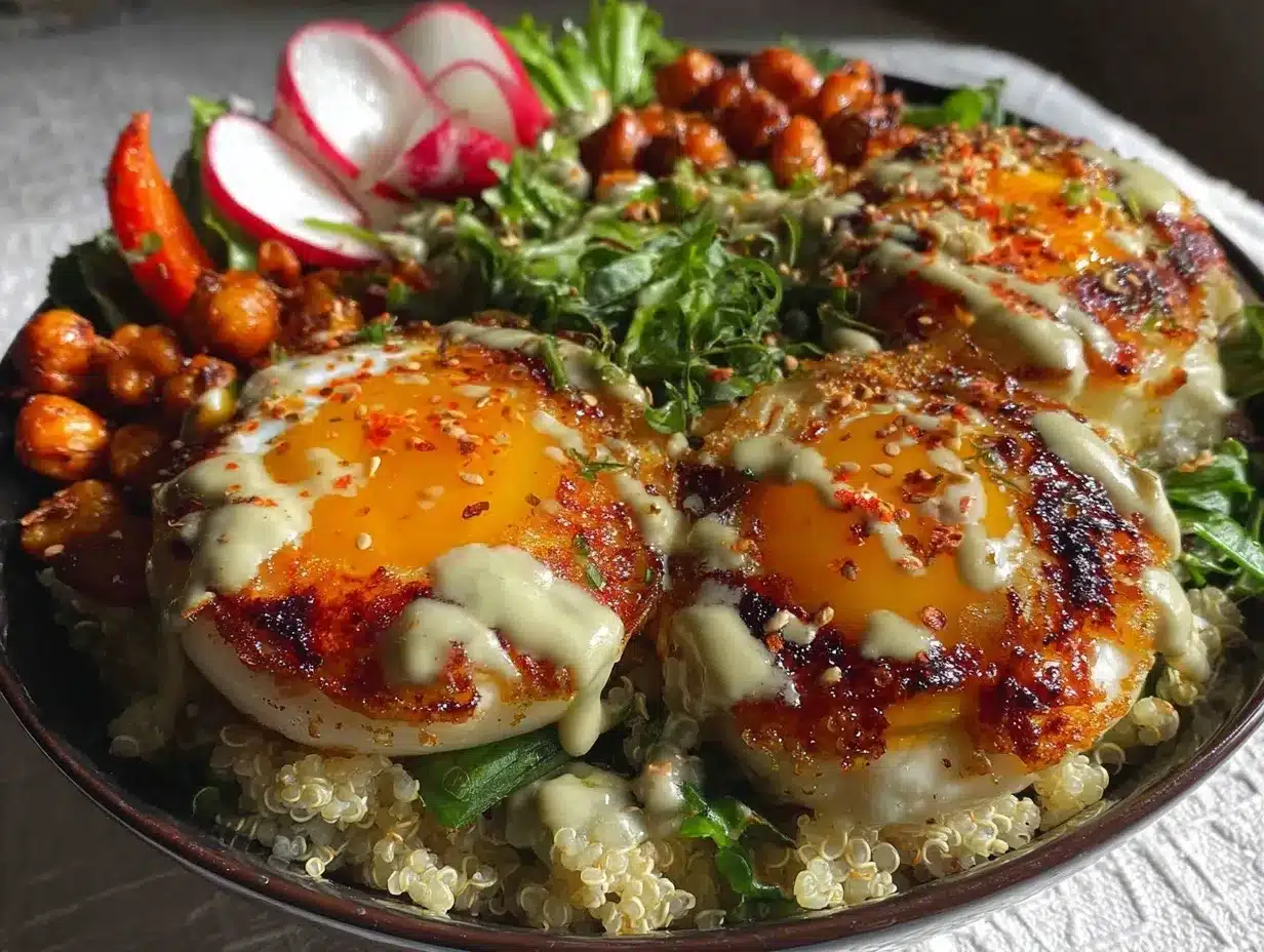 dinner bowl with soft-boiled eggs and crispy chickpeas preparation steps