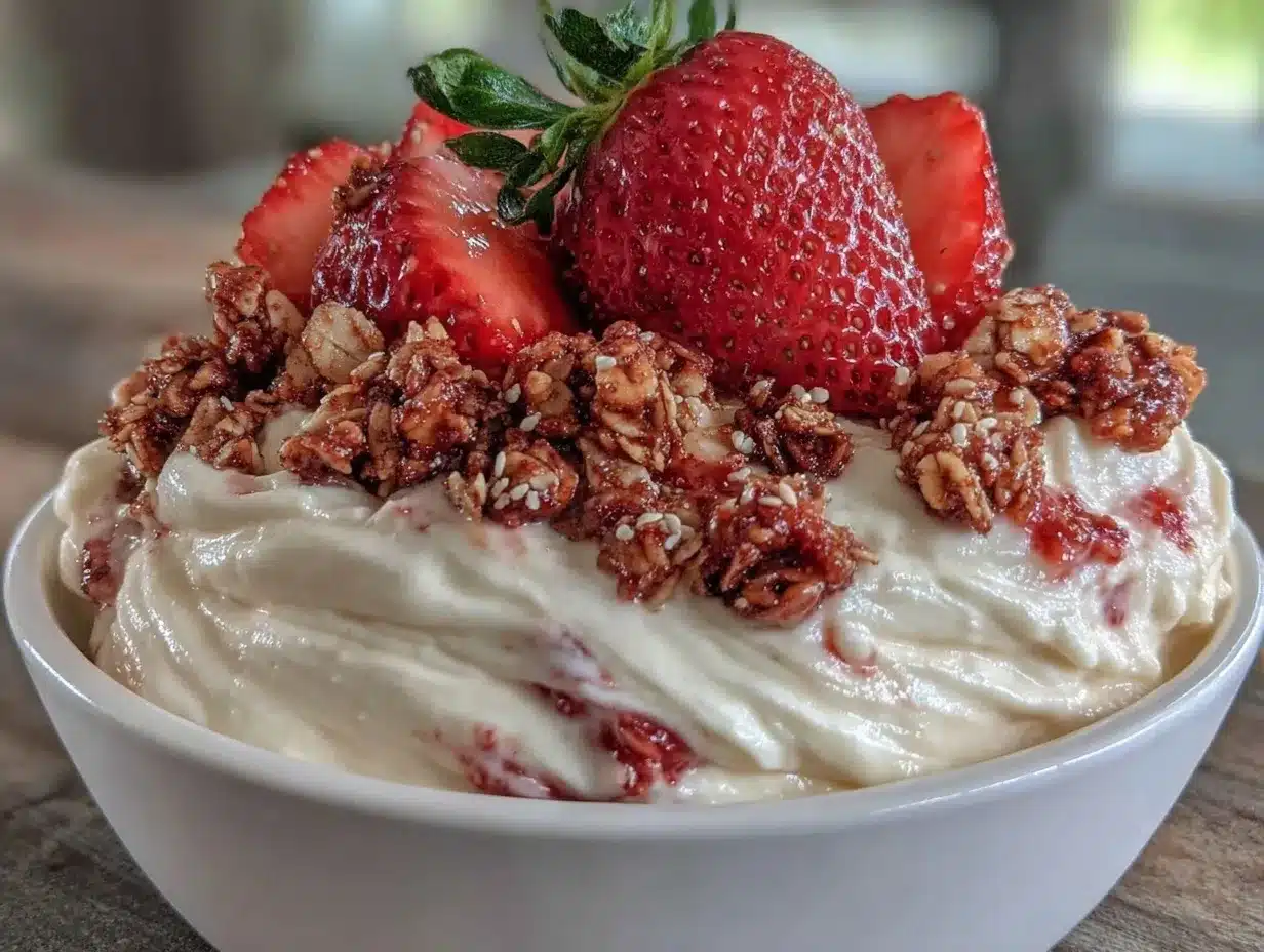 Greek yogurt bowl with strawberries preparation steps