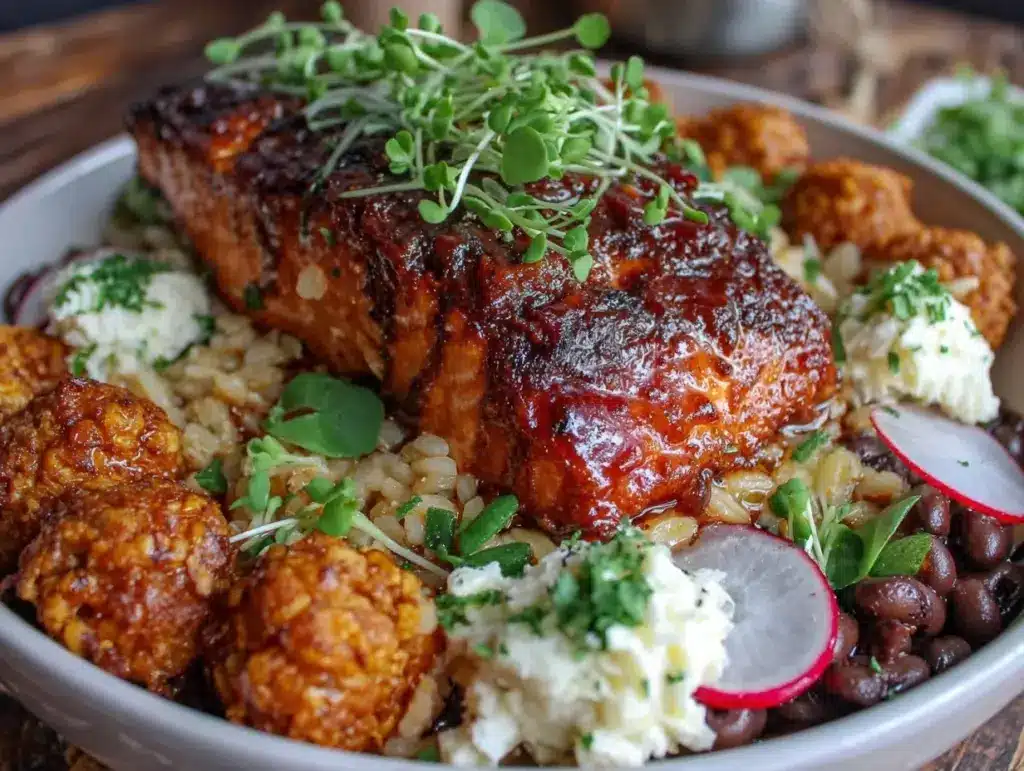 hoppin john bowl with miso-glazed salmon - featured image