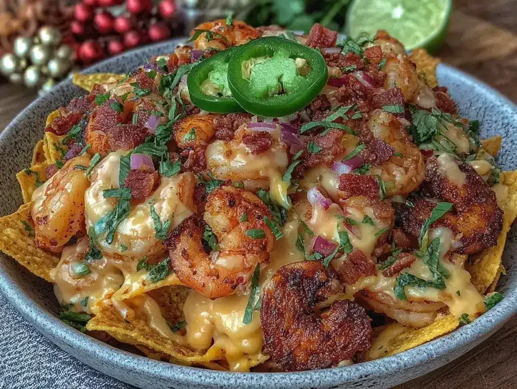 loaded nacho bowl with shrimp scampi - featured image