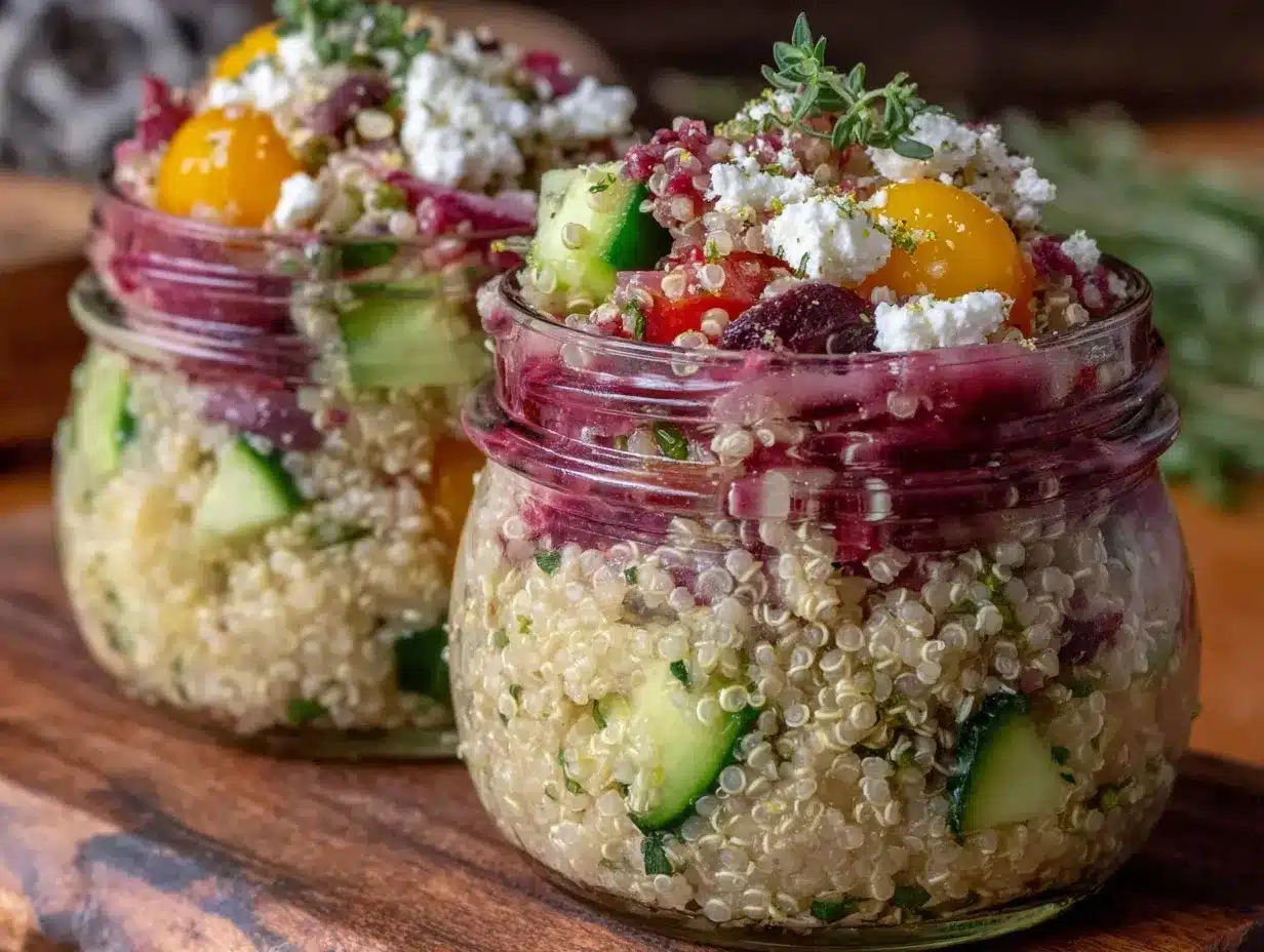 Mediterranean quinoa salad jars preparation steps