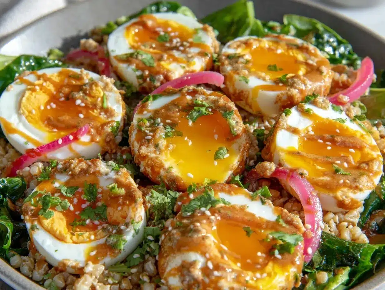New Years Eve dinner bowl with soft-boiled eggs preparation steps