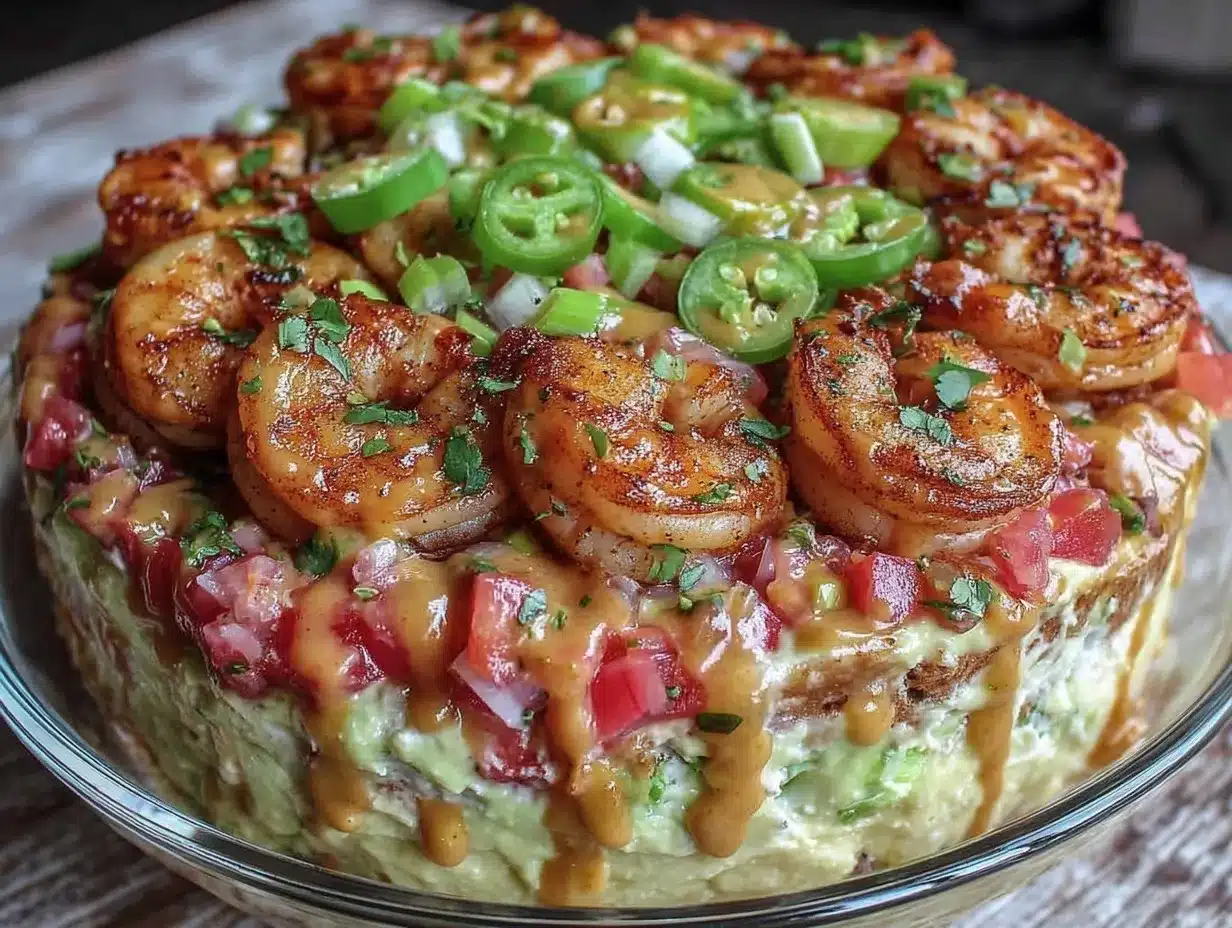 seven-layer party bowl with shrimp scampi preparation steps