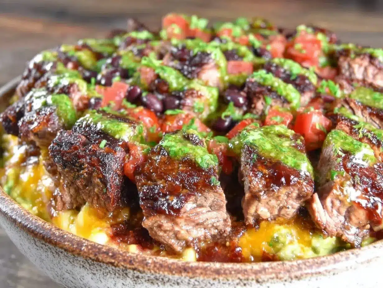 seven-layer party bowl with steak strips preparation steps