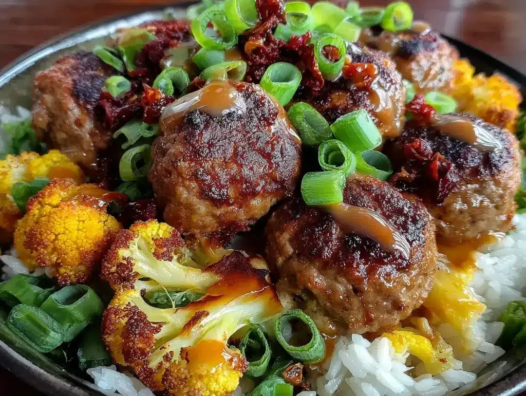 spicy turkey meatball dinner bowl - featured image