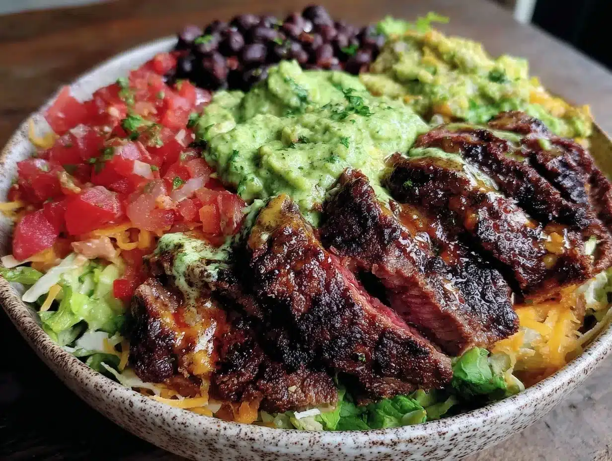Superbowl seven-layer party bowl with steak strips preparation steps