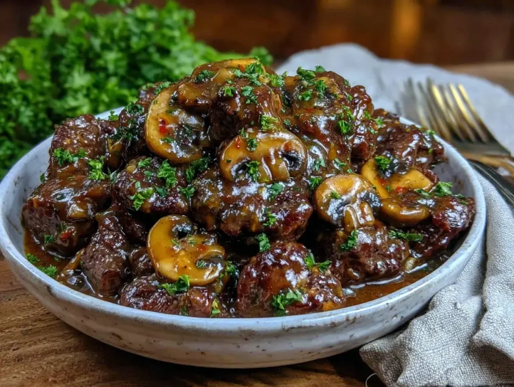 creamy slow cooker beef stroganoff - featured image