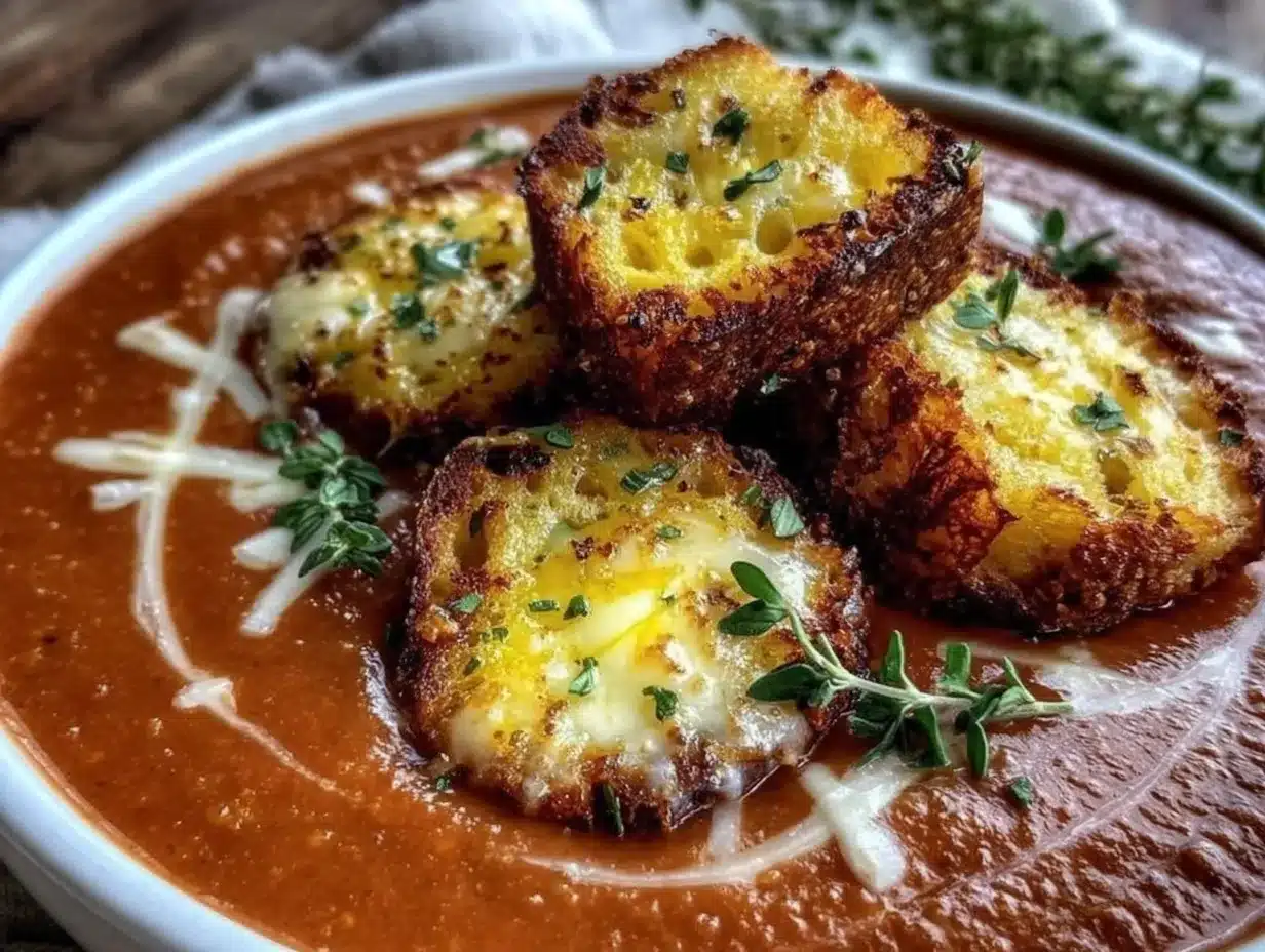 creamy tomato soup with grilled cheese croutons preparation steps