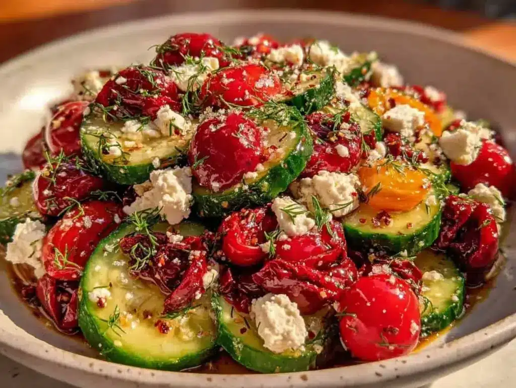cucumber tomato salad with feta and dill - featured image