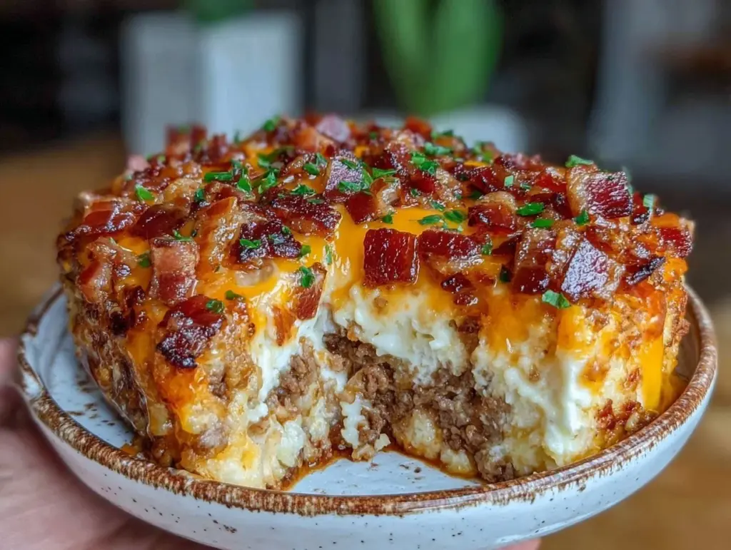 low carb bacon cheeseburger casserole - featured image