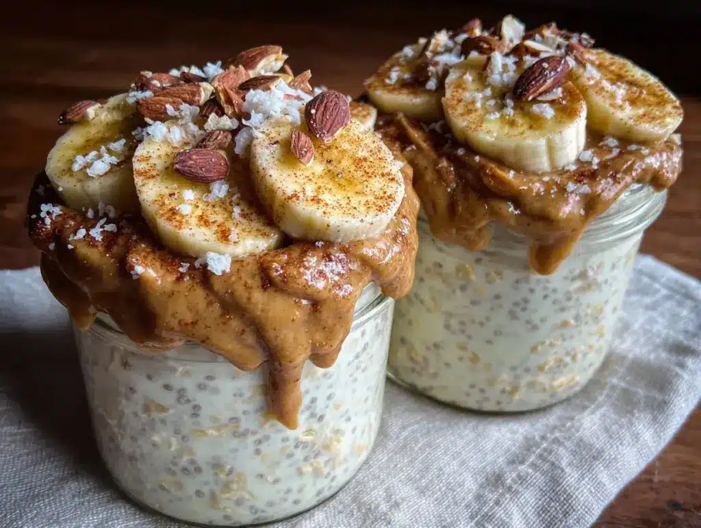 overnight oats with banana and almond butter - featured image