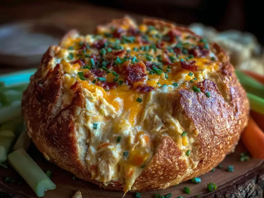 buffalo chicken dip stuffed bread bowl - featured image