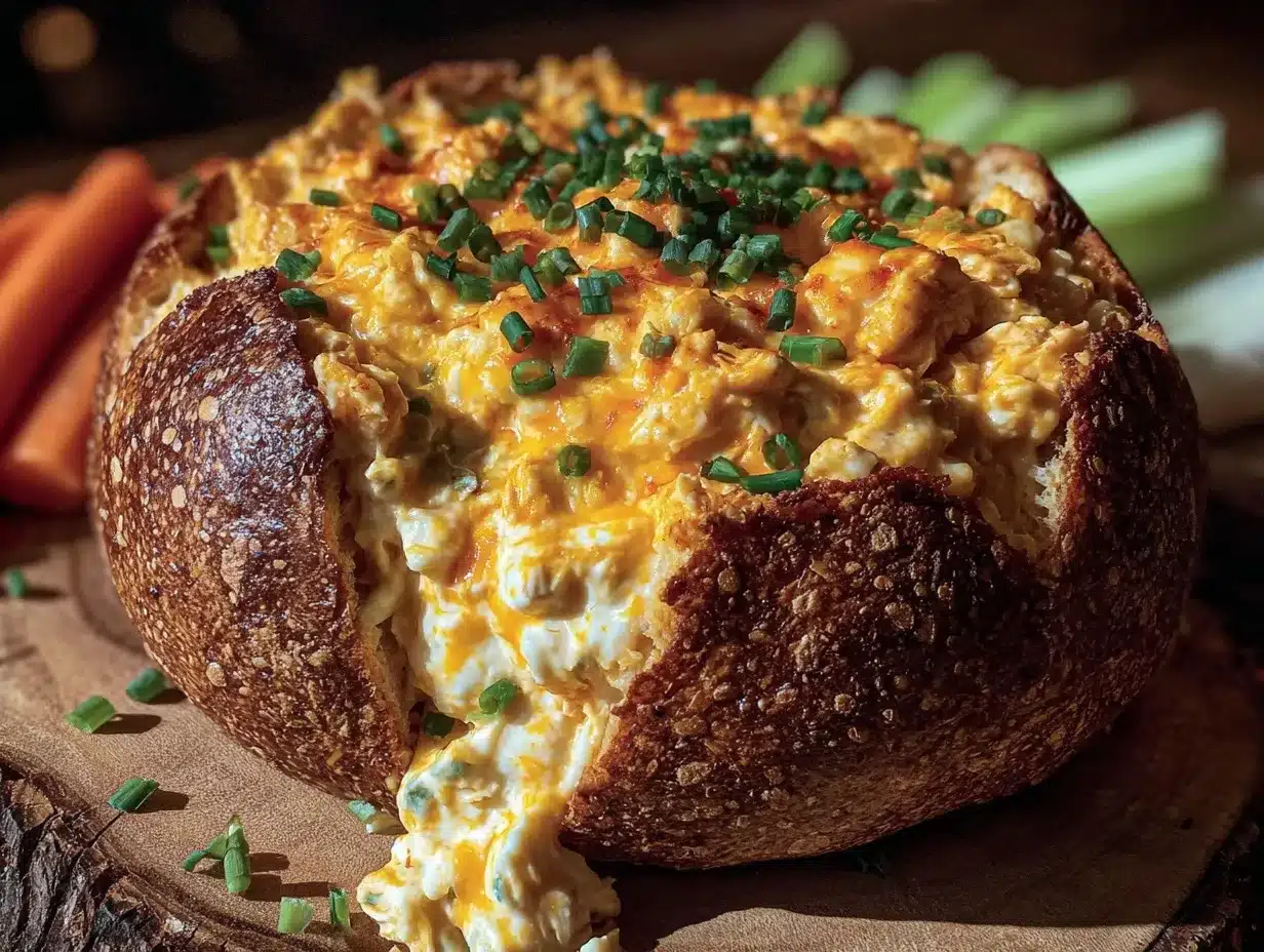 buffalo chicken dip stuffed bread bowl preparation steps