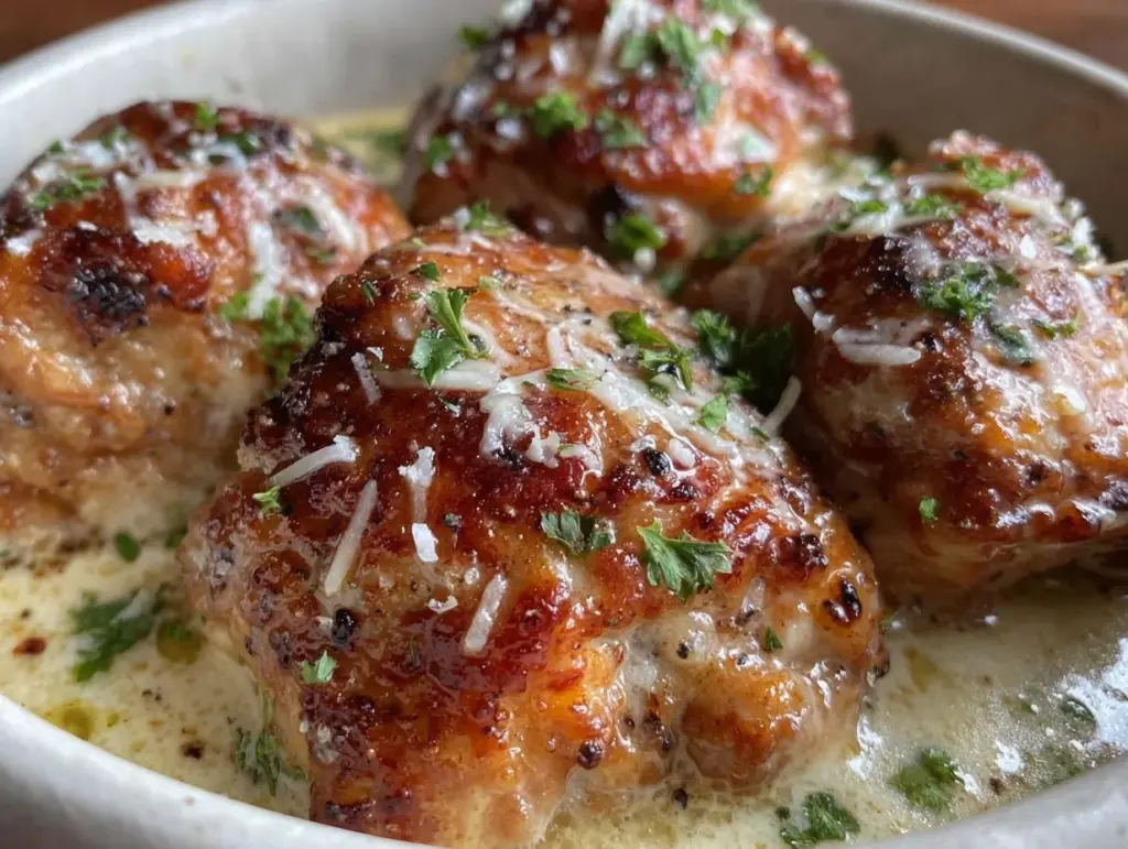 creamy crockpot garlic parmesan chicken thighs - featured image