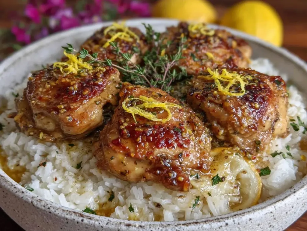creamy crockpot lemon garlic butter chicken with rice - featured image