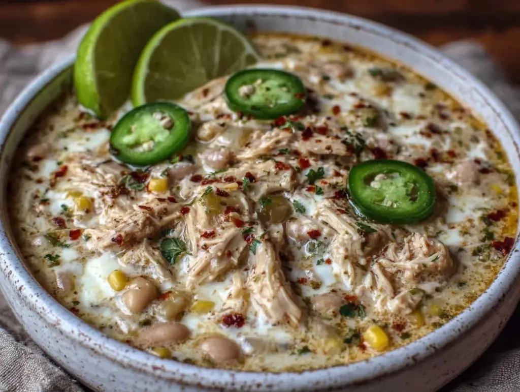 creamy crockpot white chicken chili - featured image