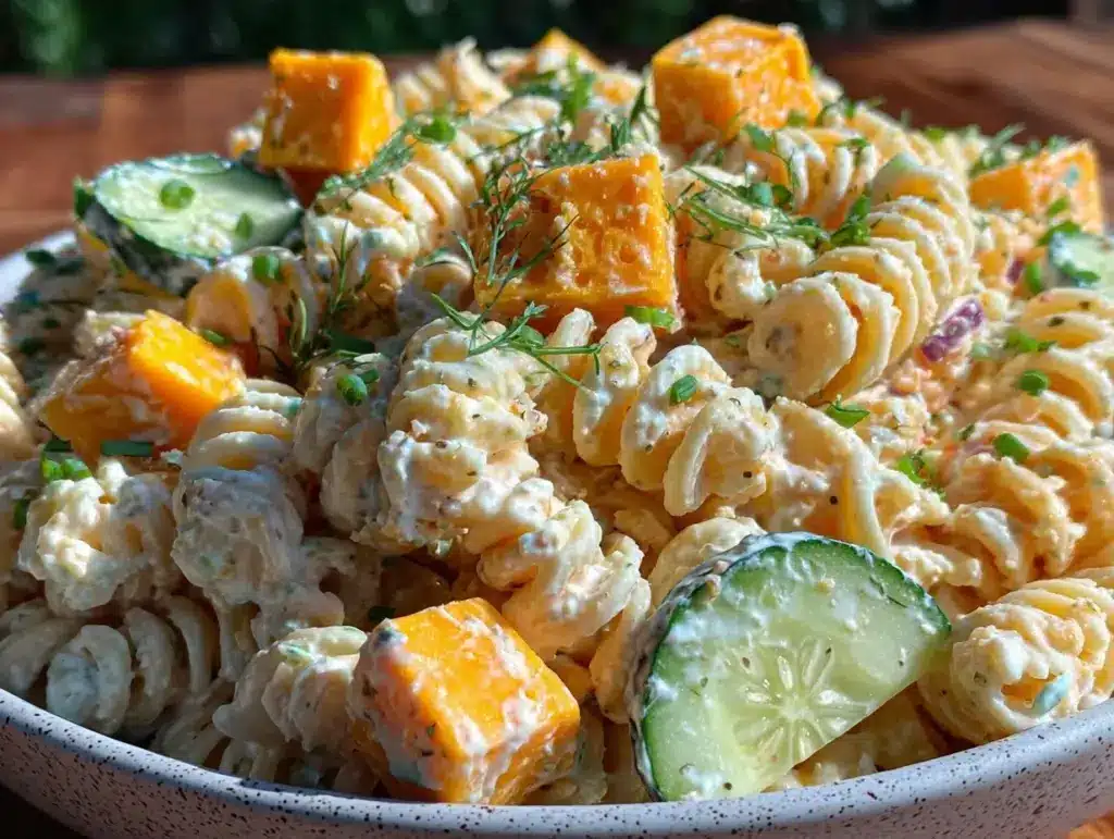 creamy dill pickle pasta salad - featured image
