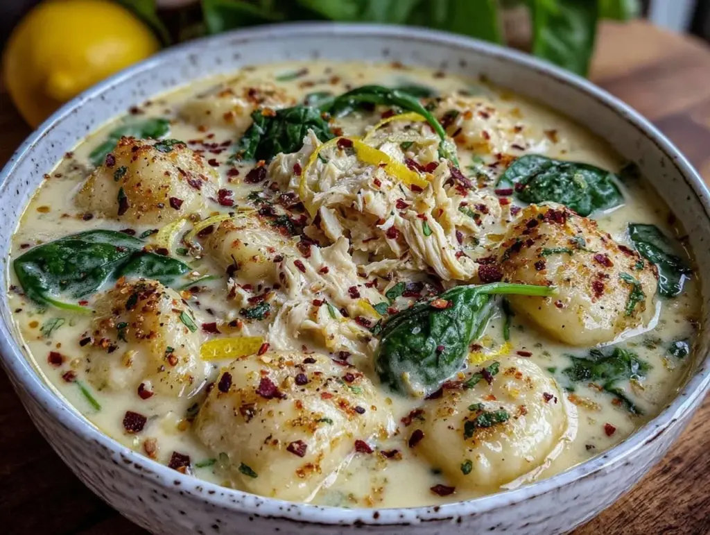 creamy lemon chicken gnocchi soup - featured image