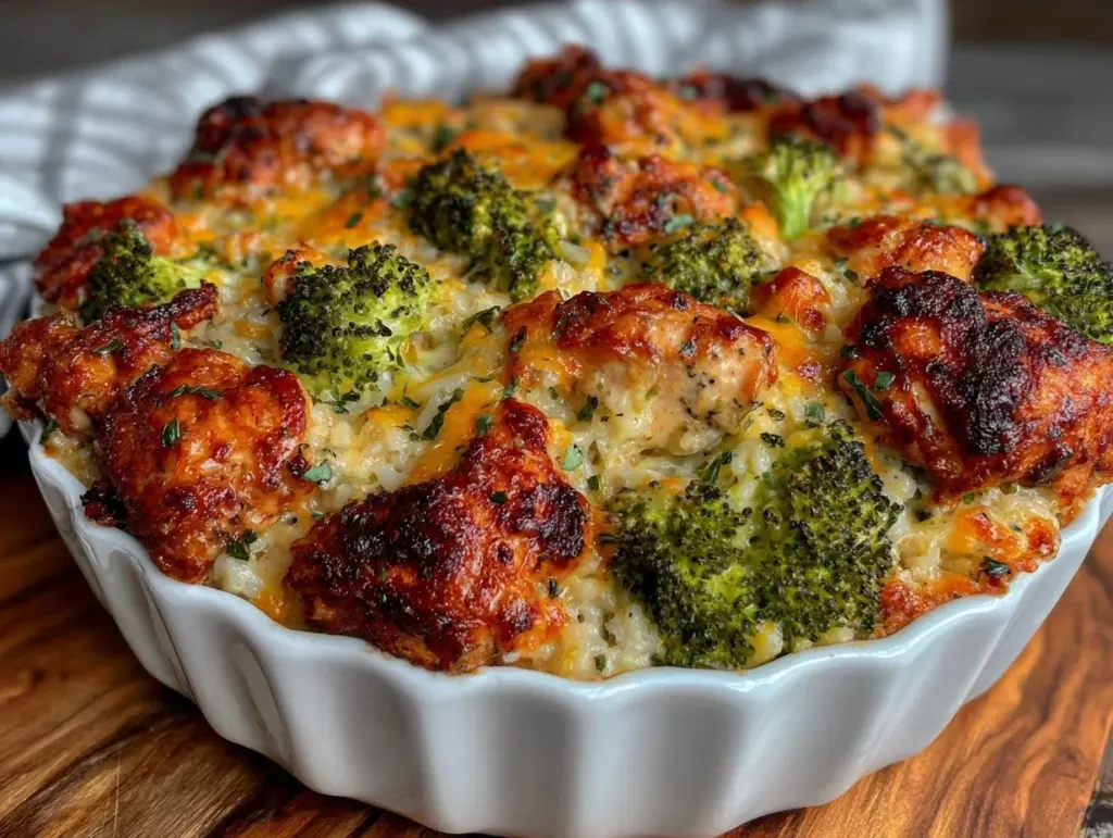 creamy loaded chicken and broccoli rice casserole - featured image