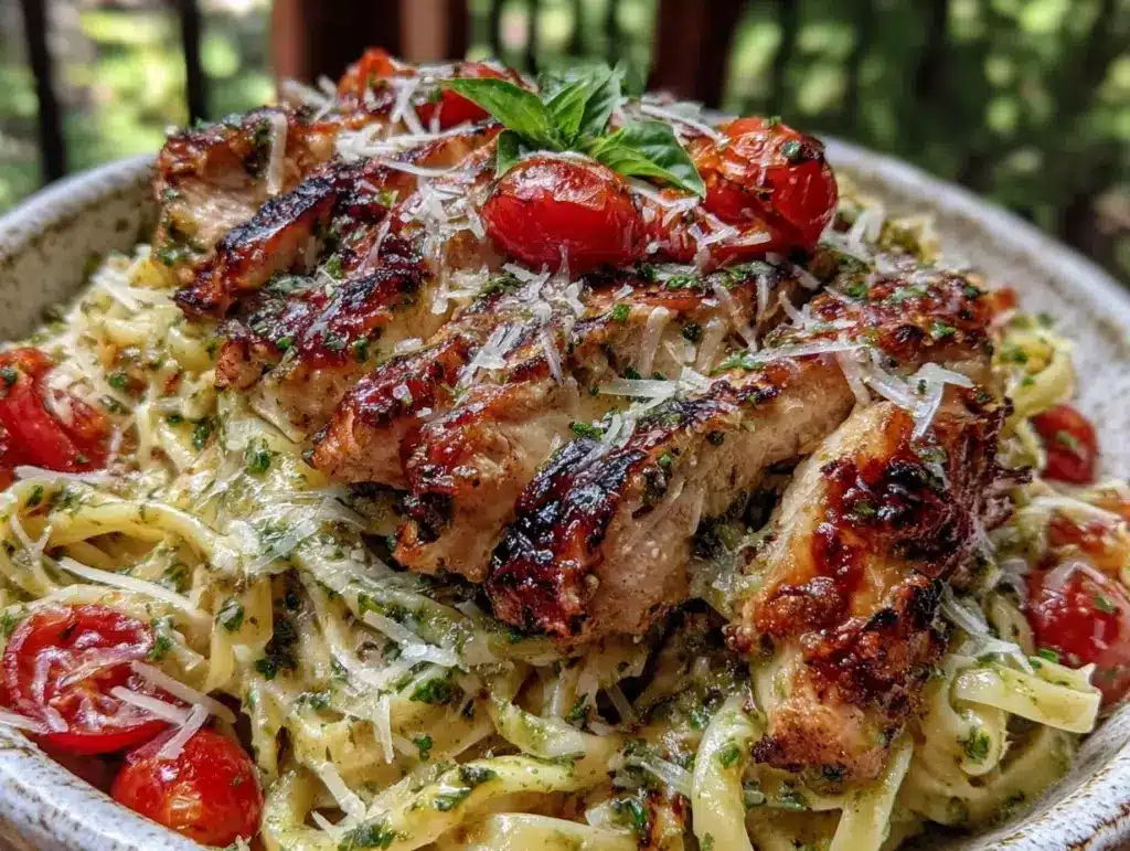 creamy pesto chicken pasta - featured image