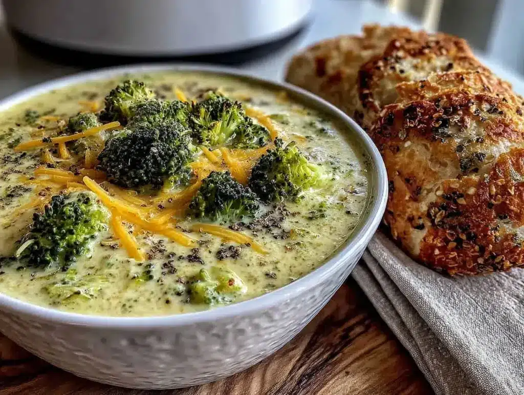 creamy slow cooker broccoli cheddar soup - featured image