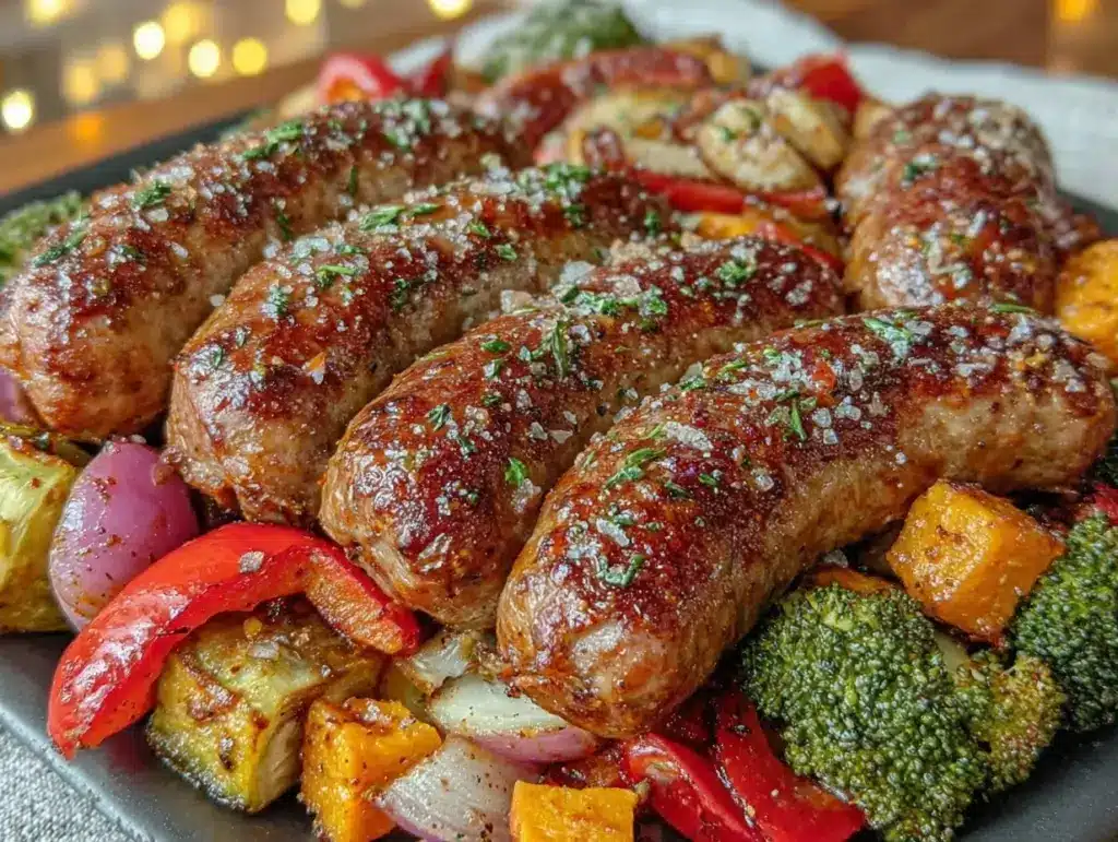 crispy sheet pan sausage and roasted vegetable dinner - featured image