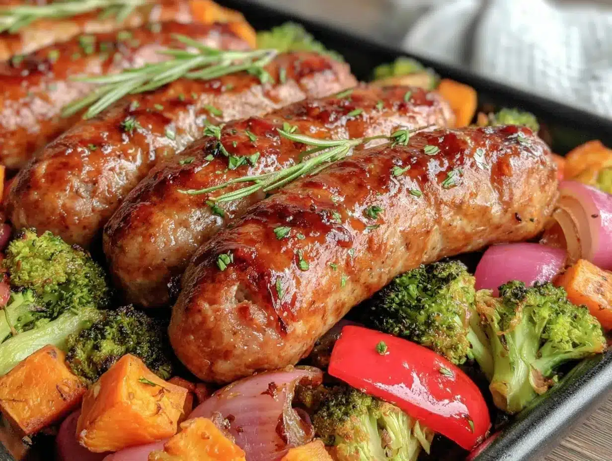 crispy sheet pan sausage and roasted vegetable dinner preparation steps