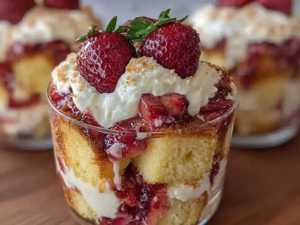 easy creamy strawberry shortcake trifle cups - featured image