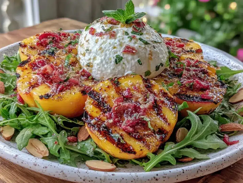 fresh grilled peach and burrata salad - featured image