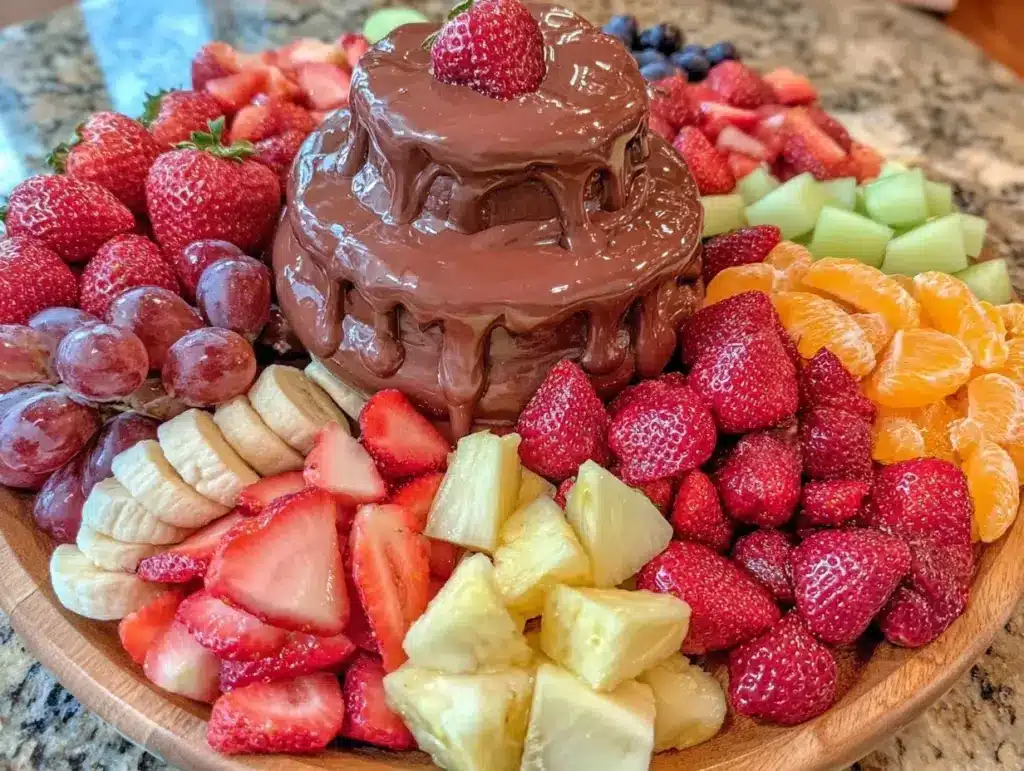 fruit display board with chocolate fountain - featured image