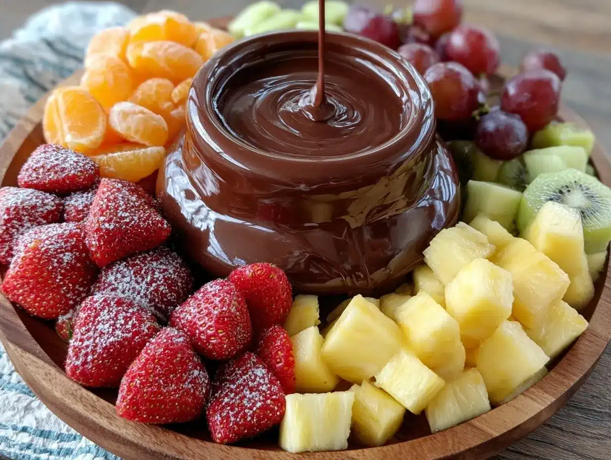 fruit display board with chocolate fountain preparation steps