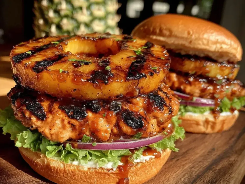grilled pineapple teriyaki chicken burgers - featured image