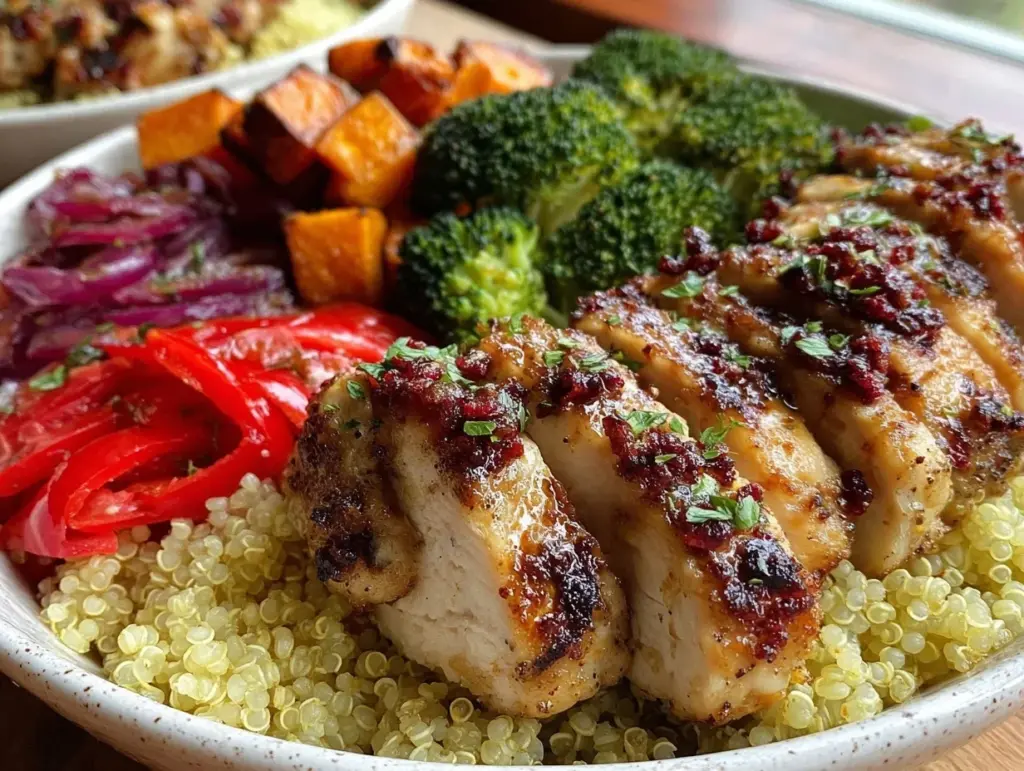 high protein chicken quinoa meal prep bowls - featured image