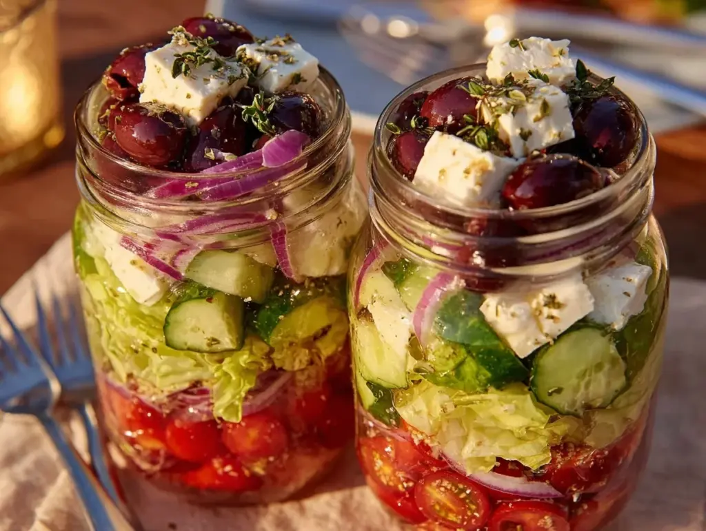 mason jar layered Greek salad - featured image