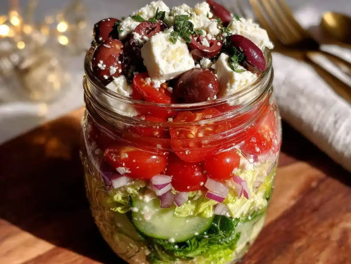 mason jar layered Greek salad preparation steps