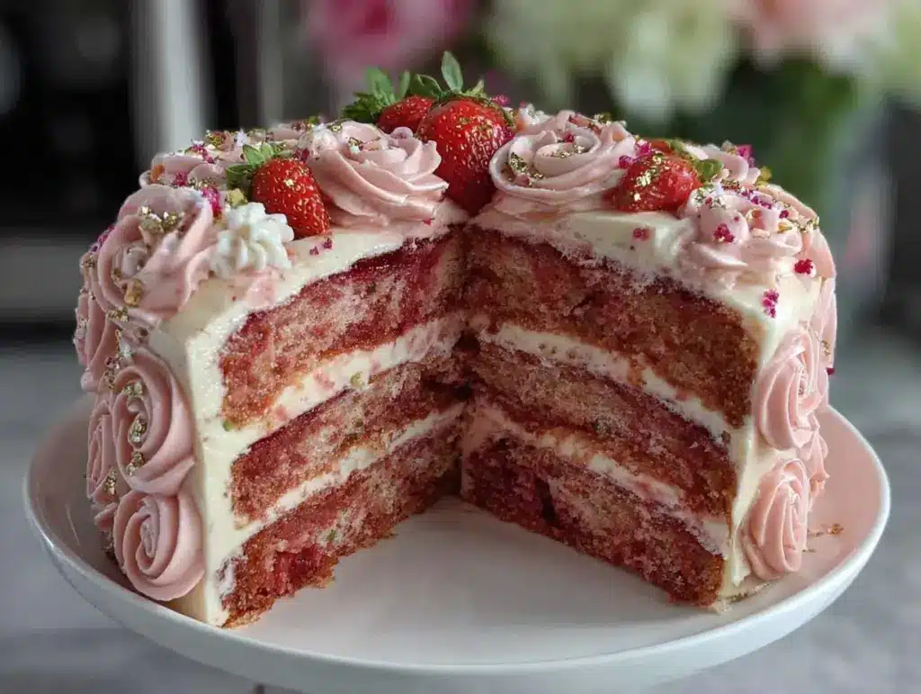 perfect strawberry rose layer cake - featured image