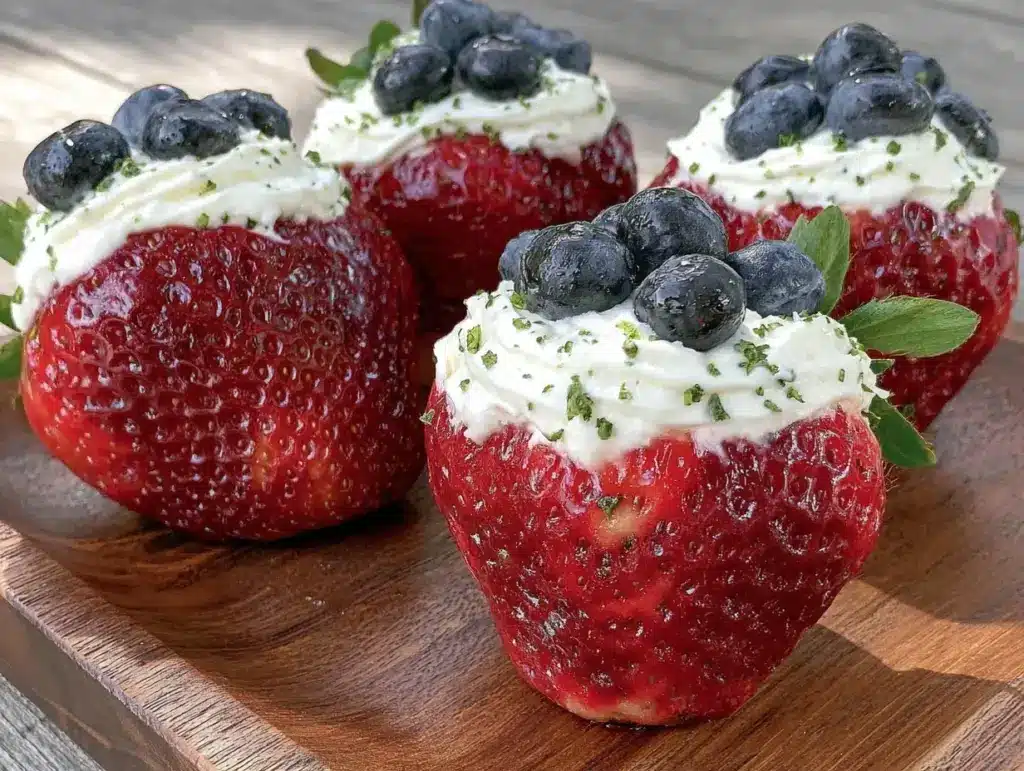 red white and blue cheesecake stuffed strawberries - featured image