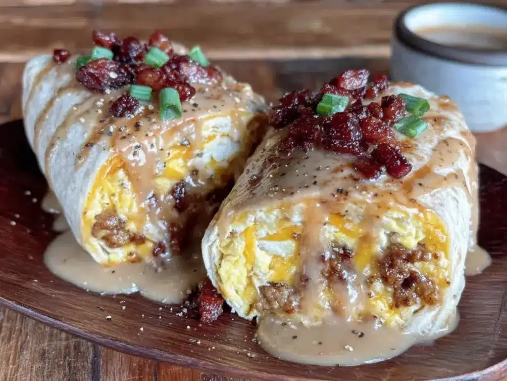 savory loaded breakfast burrito with sausage gravy - featured image