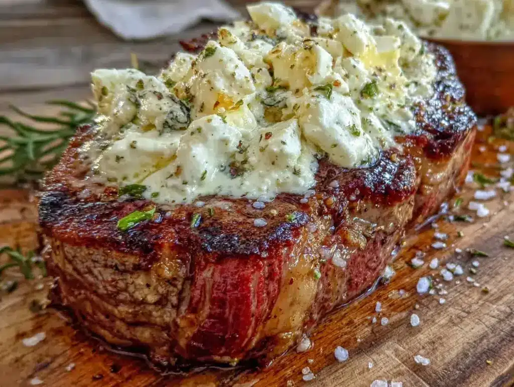 cast iron pan seared ny strip with blue cheese crust - featured image