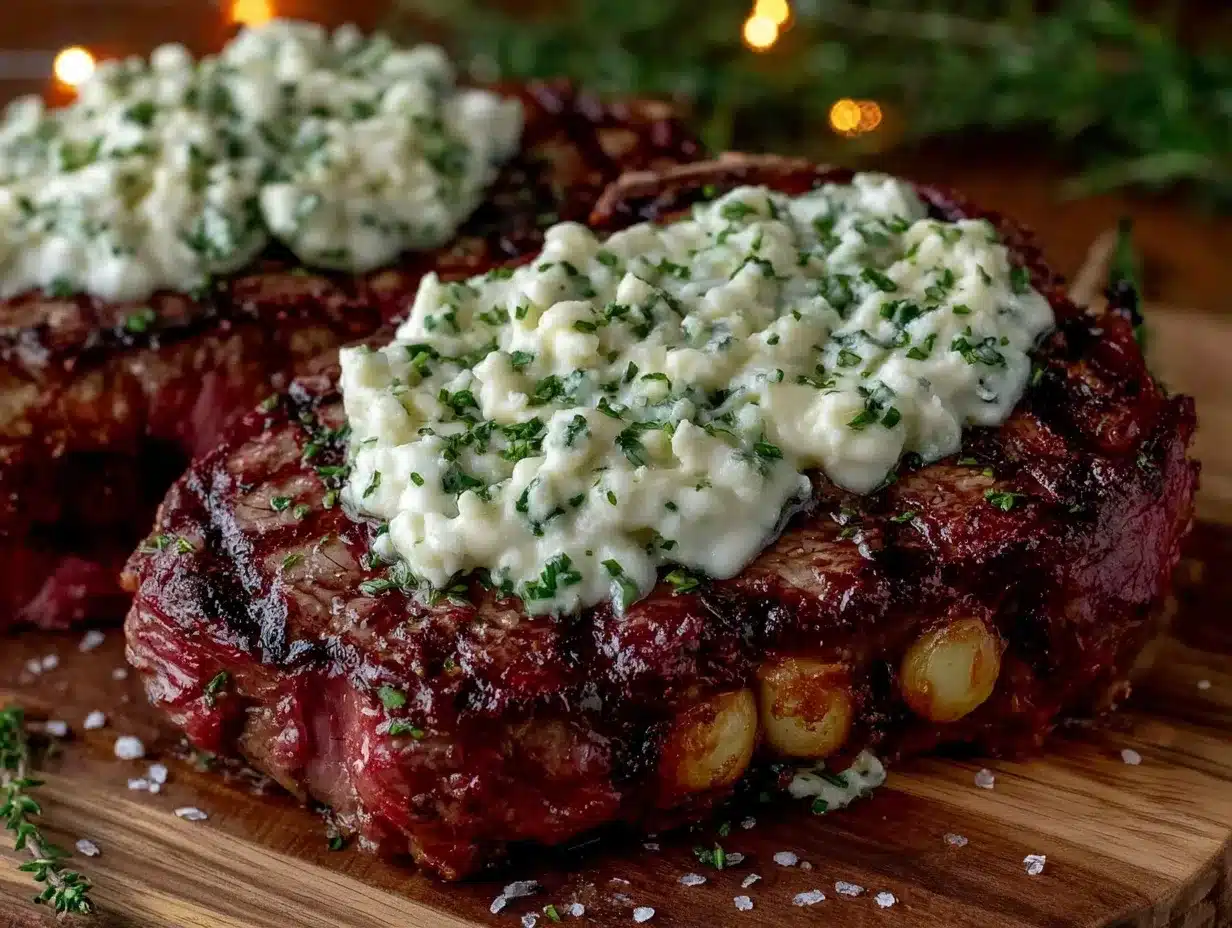 cast iron pan seared ny strip with blue cheese crust preparation steps