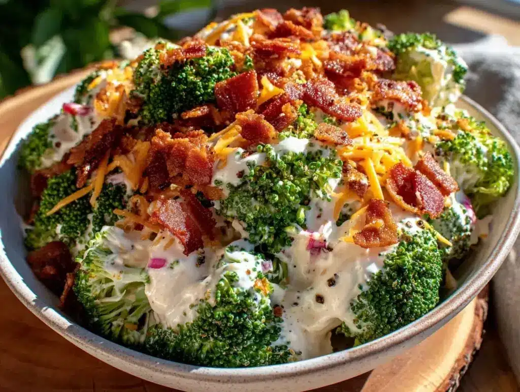 creamy broccoli salad with bacon and cheddar - featured image