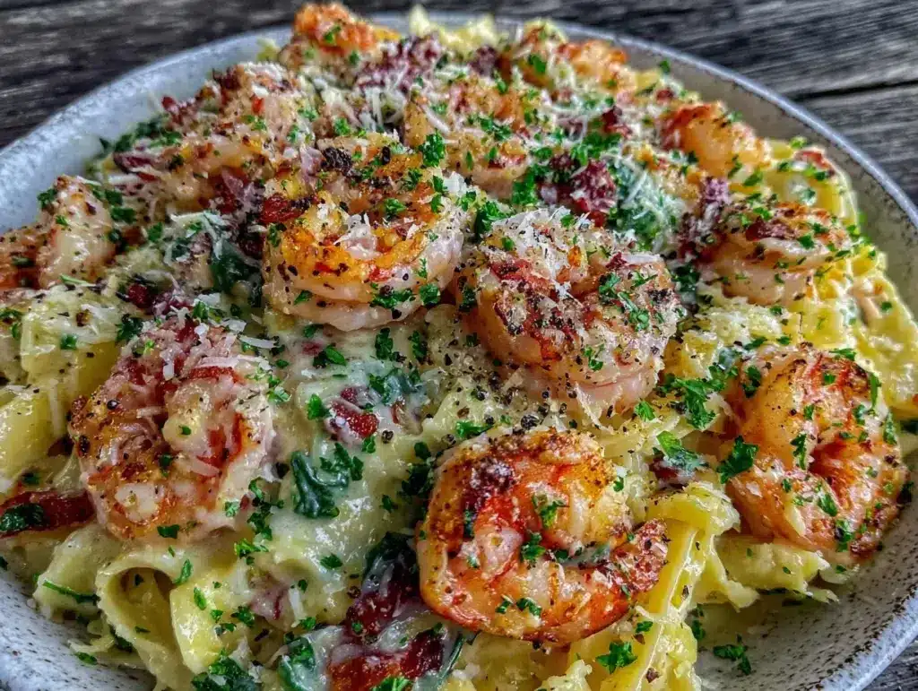 creamy one pot garlic Tuscan shrimp pasta - featured image