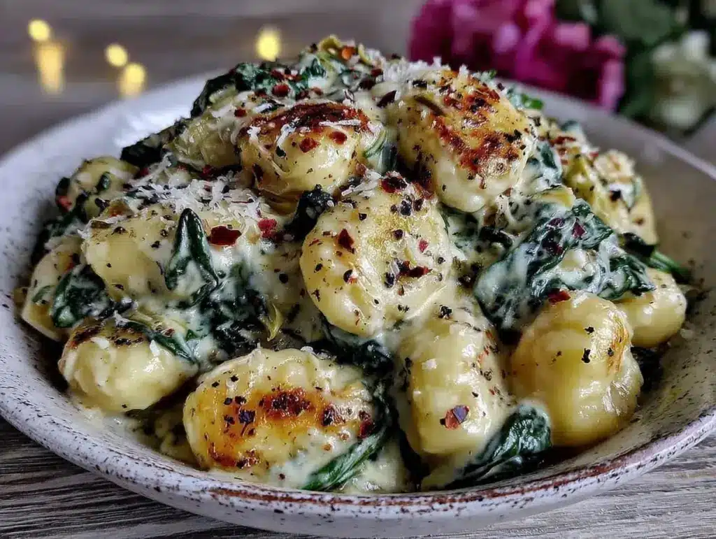 creamy one-pot spinach artichoke gnocchi - featured image