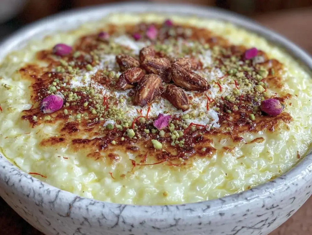 creamy persian saffron rose water rice pudding - featured image