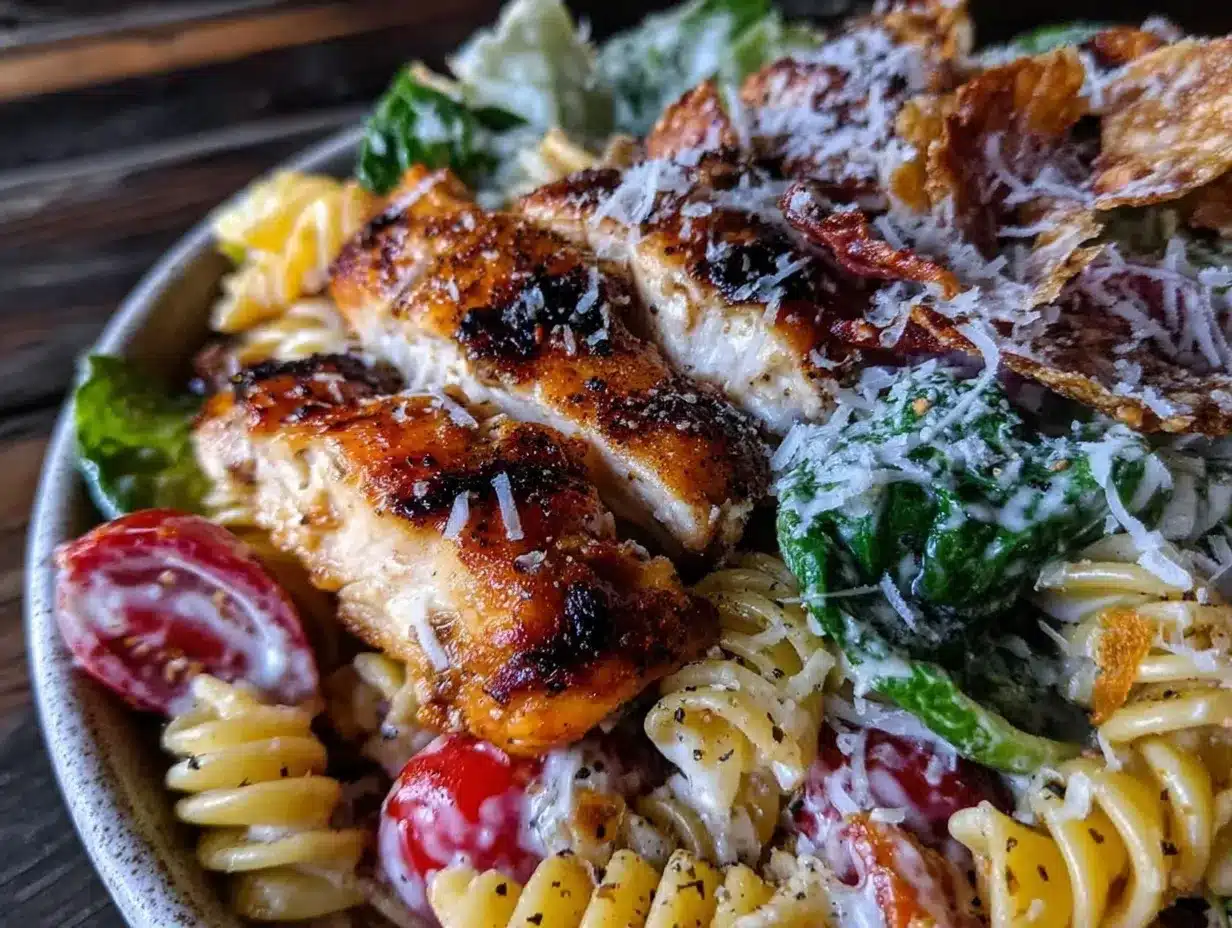 crispy grilled chicken caesar pasta salad preparation steps