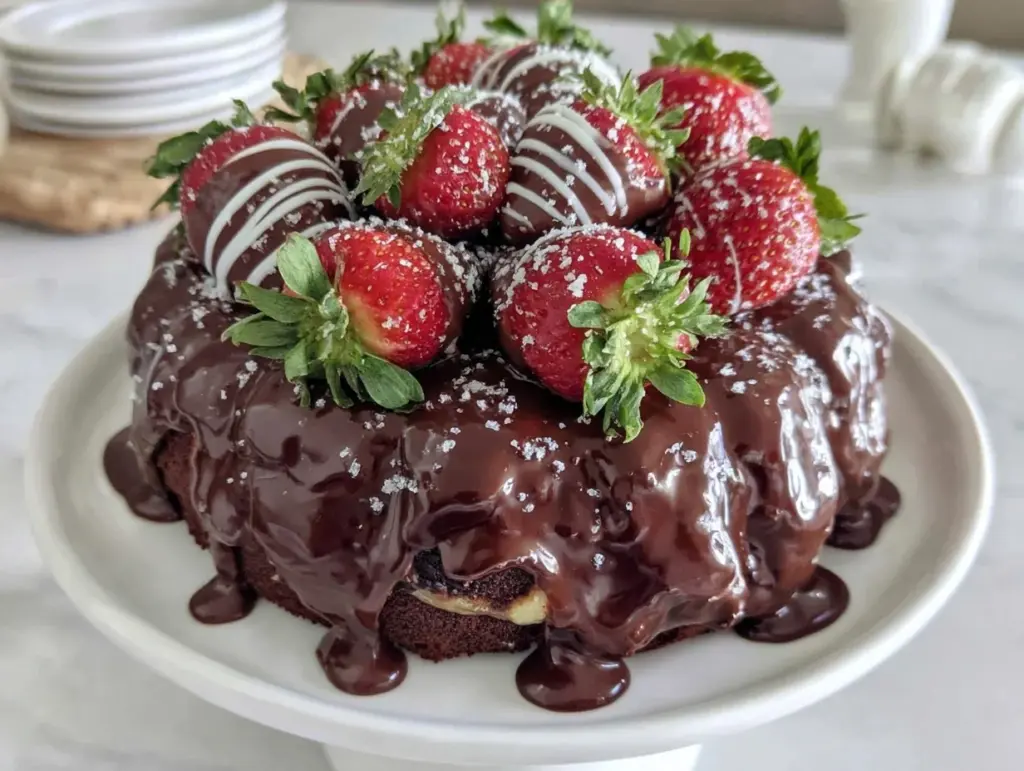 decadent chocolate covered strawberry bouquet cake - featured image