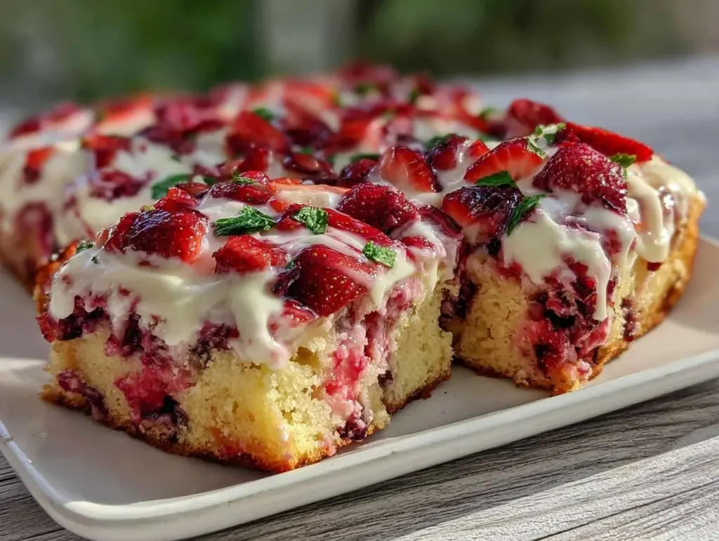 easy fluffy strawberry shortcake sheet cake - featured image