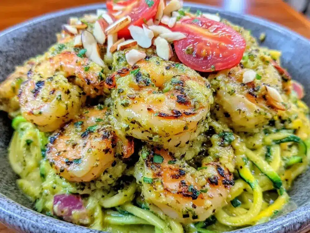 grilled shrimp zucchini noodle bowl - featured image