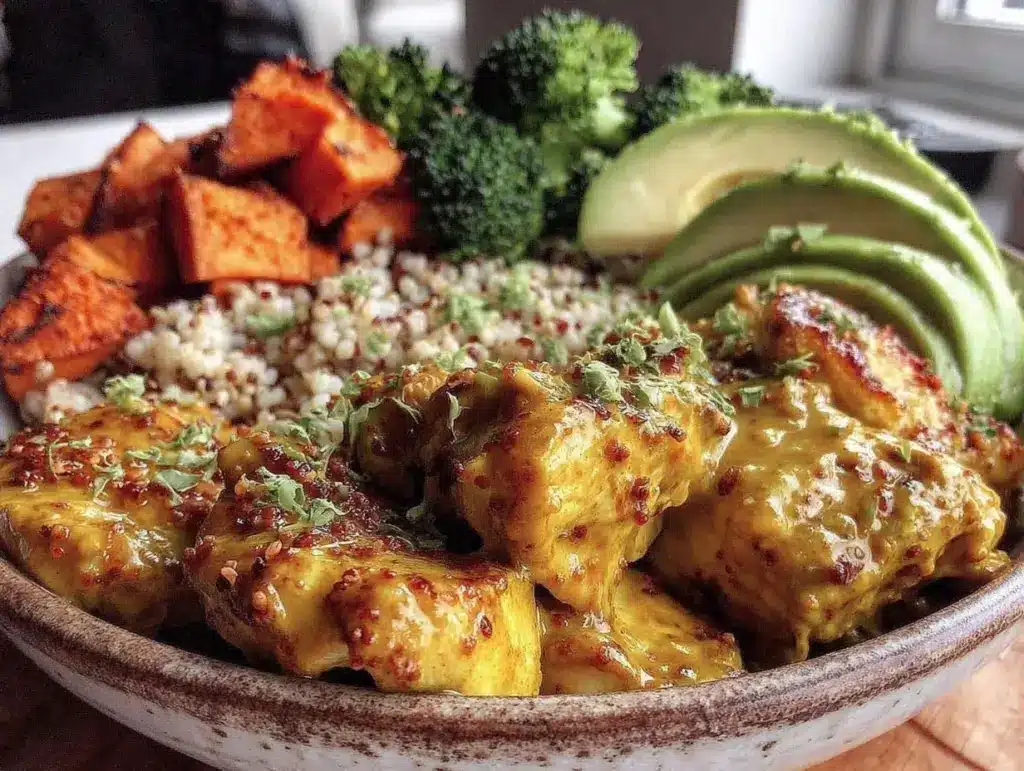 healthy golden turmeric chicken bowl - featured image